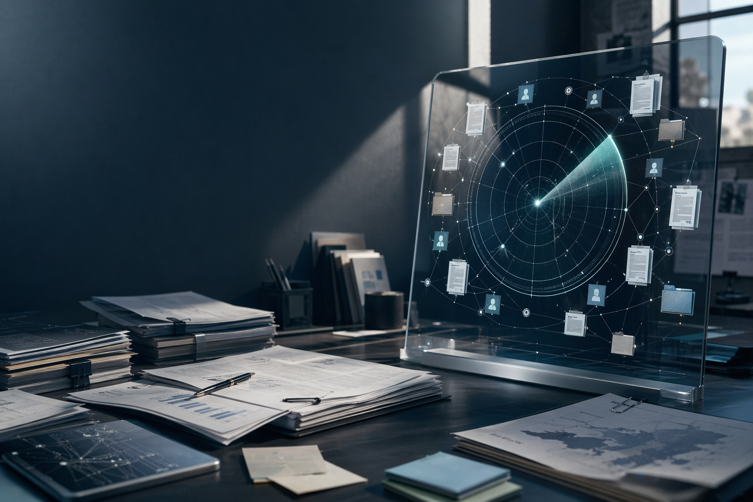 Illustration d'un poste de veille AOF Radar avec radar documentaire sombre et cartes reliées