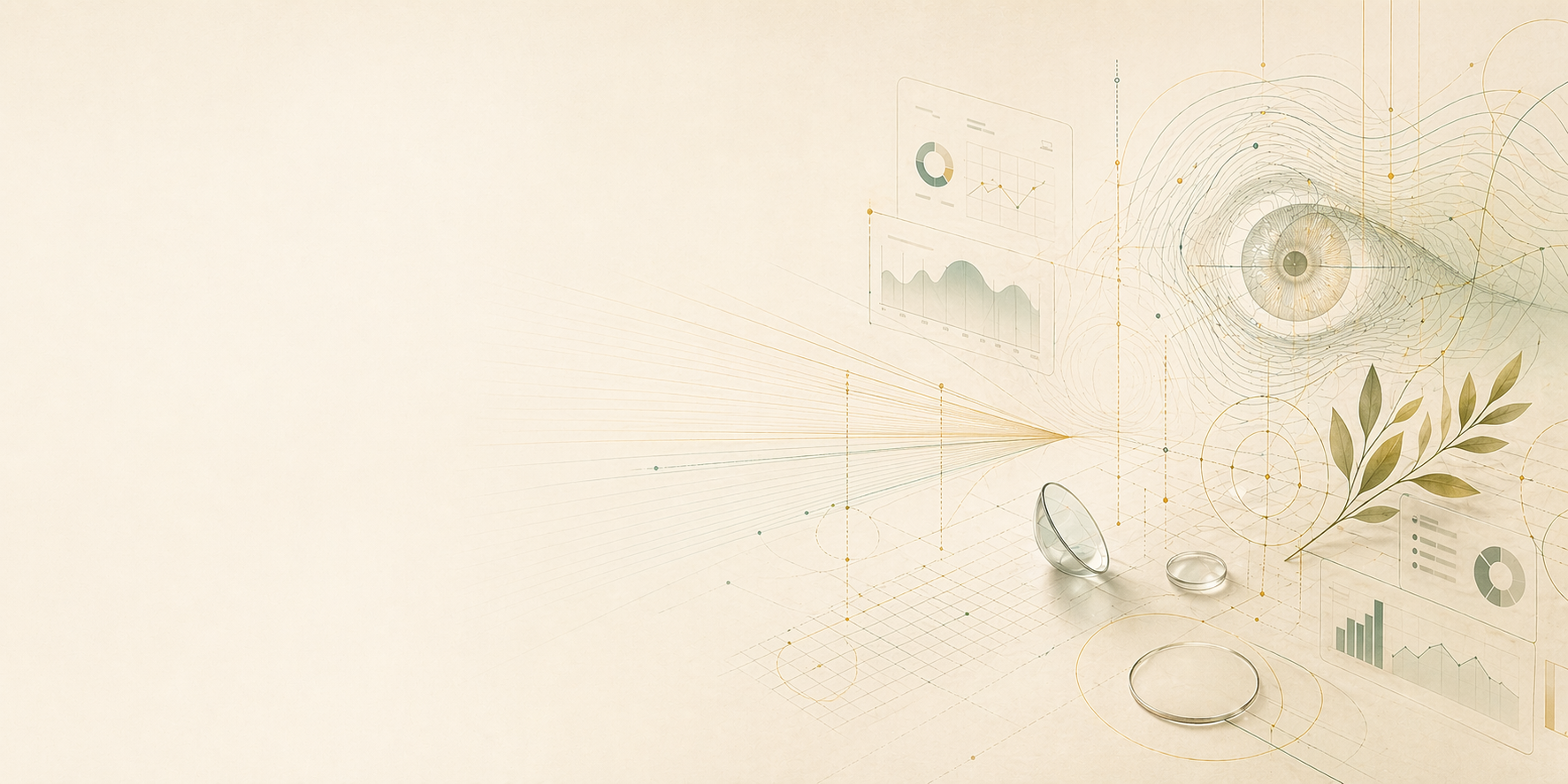 Bannière abstraite mêlant lentilles, lignes de réfraction et cartographie optique